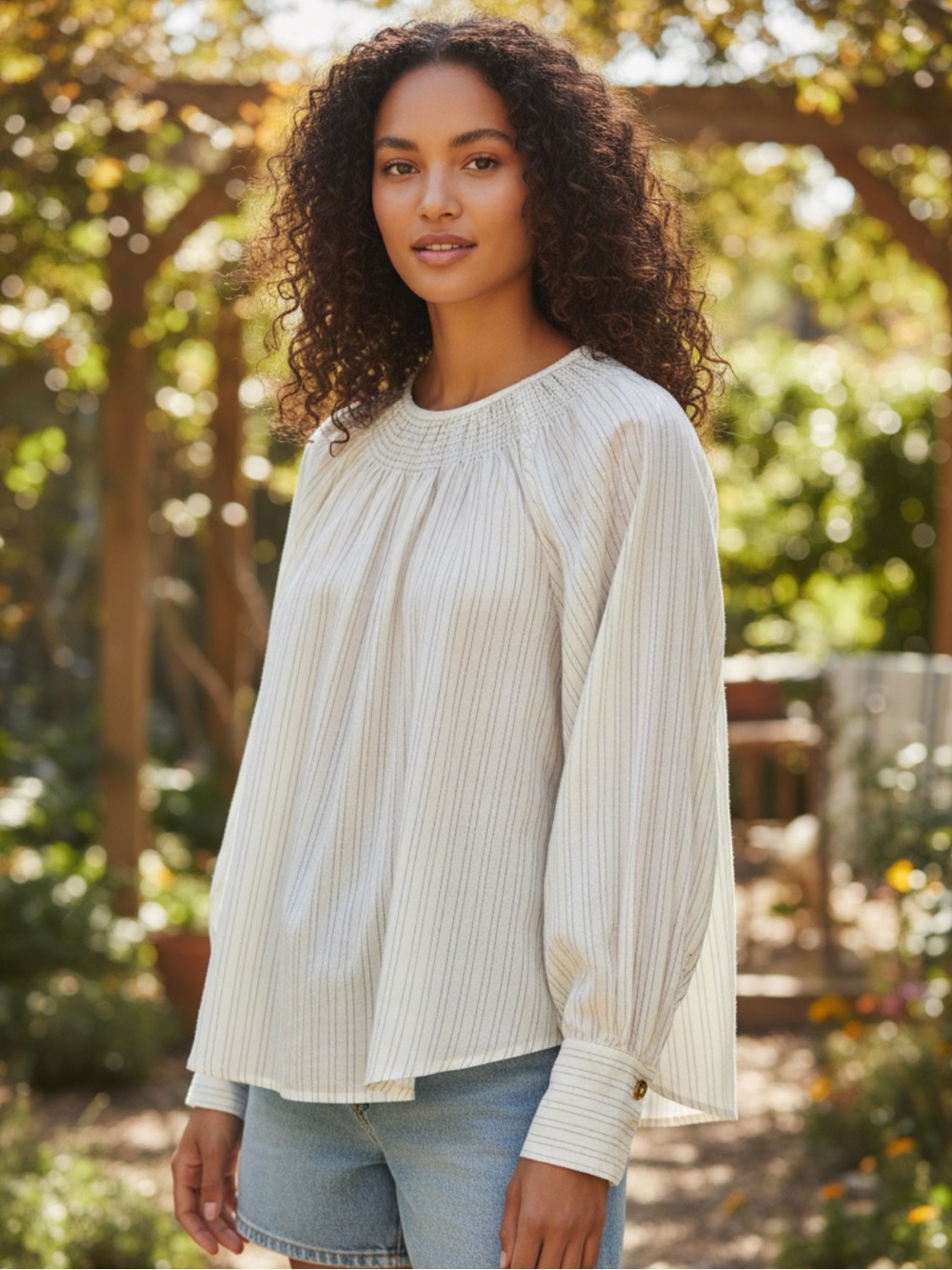 Tanya Taylor Ivory Striped Blouse Sz S Smocked Relaxed Office Minimalist Capsule